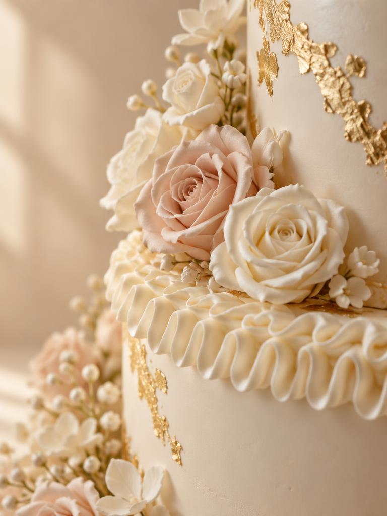 Detalhe de bolo de noiva com flores de açúcar e folhas de ouro