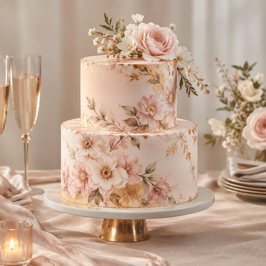 Bolo de noiva de dois andares com pintura floral e detalhes dourados